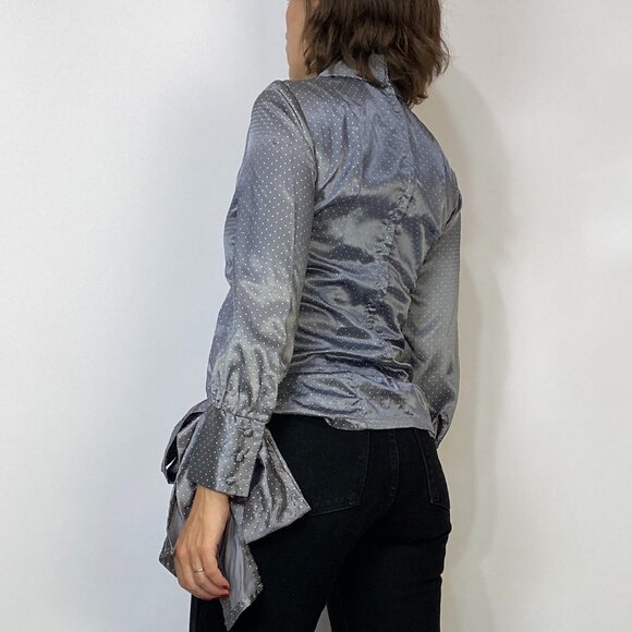 Vintage 1970s DAGGER Collar Polka Dot DISCO Top with Bow! Small to Medium - Picture 2 of 7